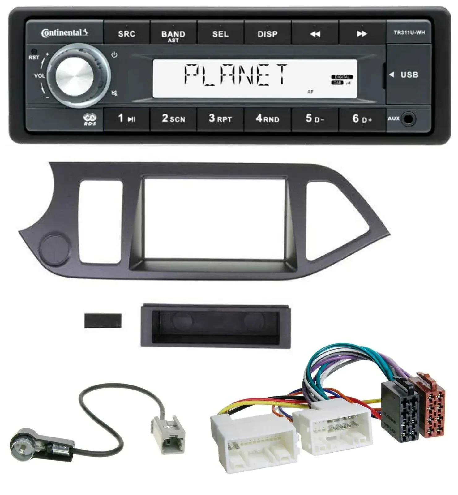 Автомагнитола Continental для Kia Picanto (с 2011), 1DIN, USB, AUX, MP3, без Start-Stop