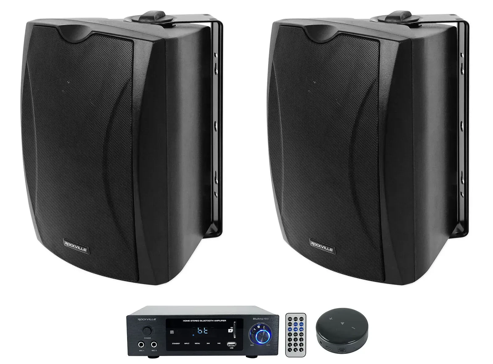Аудиосистема для улицы Rockville BluAmp 150 + (2) WET-5B + Wiim Mini (набор, пара), Bluetooth, Wi‑Fi, стерео
