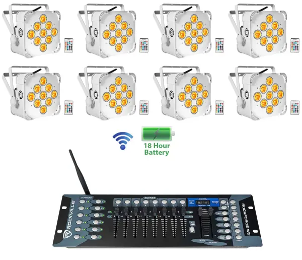 8 Rockville BEST PAR 60 White Rechargeable Wash Lights w/Wireless DMX Controller