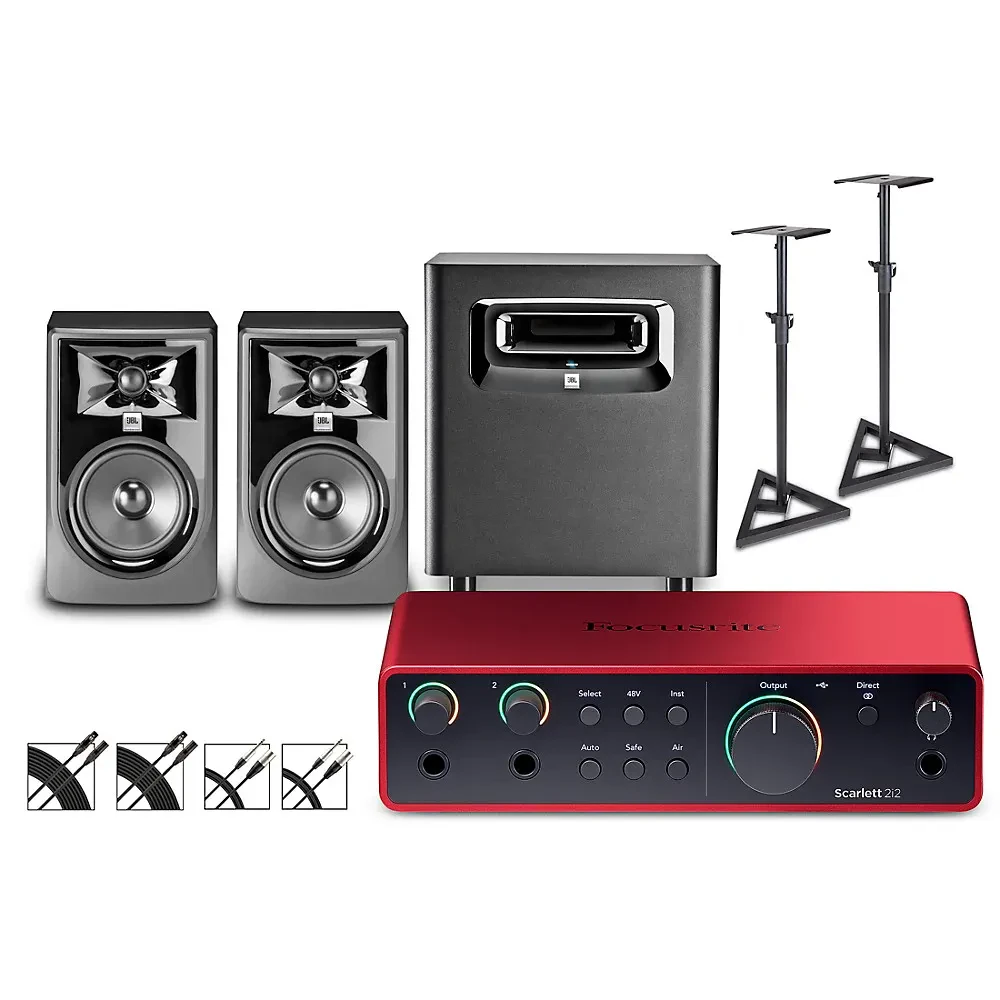 Focusrite Scarlett 2i2 Gen 4 - JBL 3 Monitors/LSR Sub/Stands/Cables 305MKII