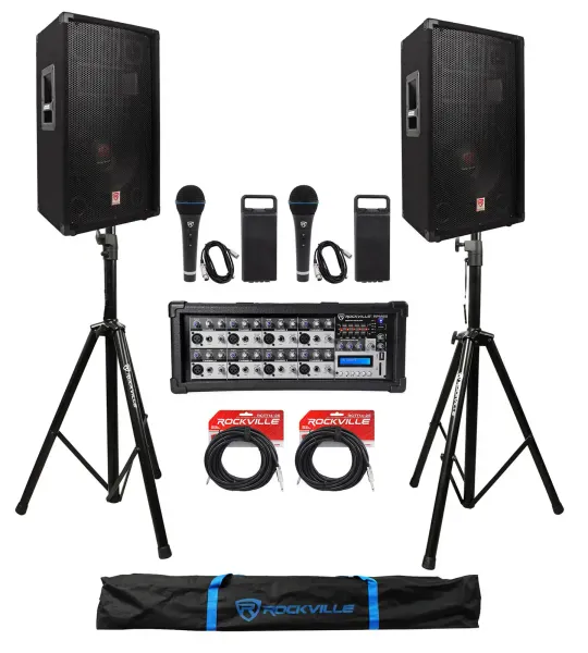 (2) Rockville RSG12.4 12” 3-Way 1000w DJ PA Speakers+Powered Mixer+Mics+Stands