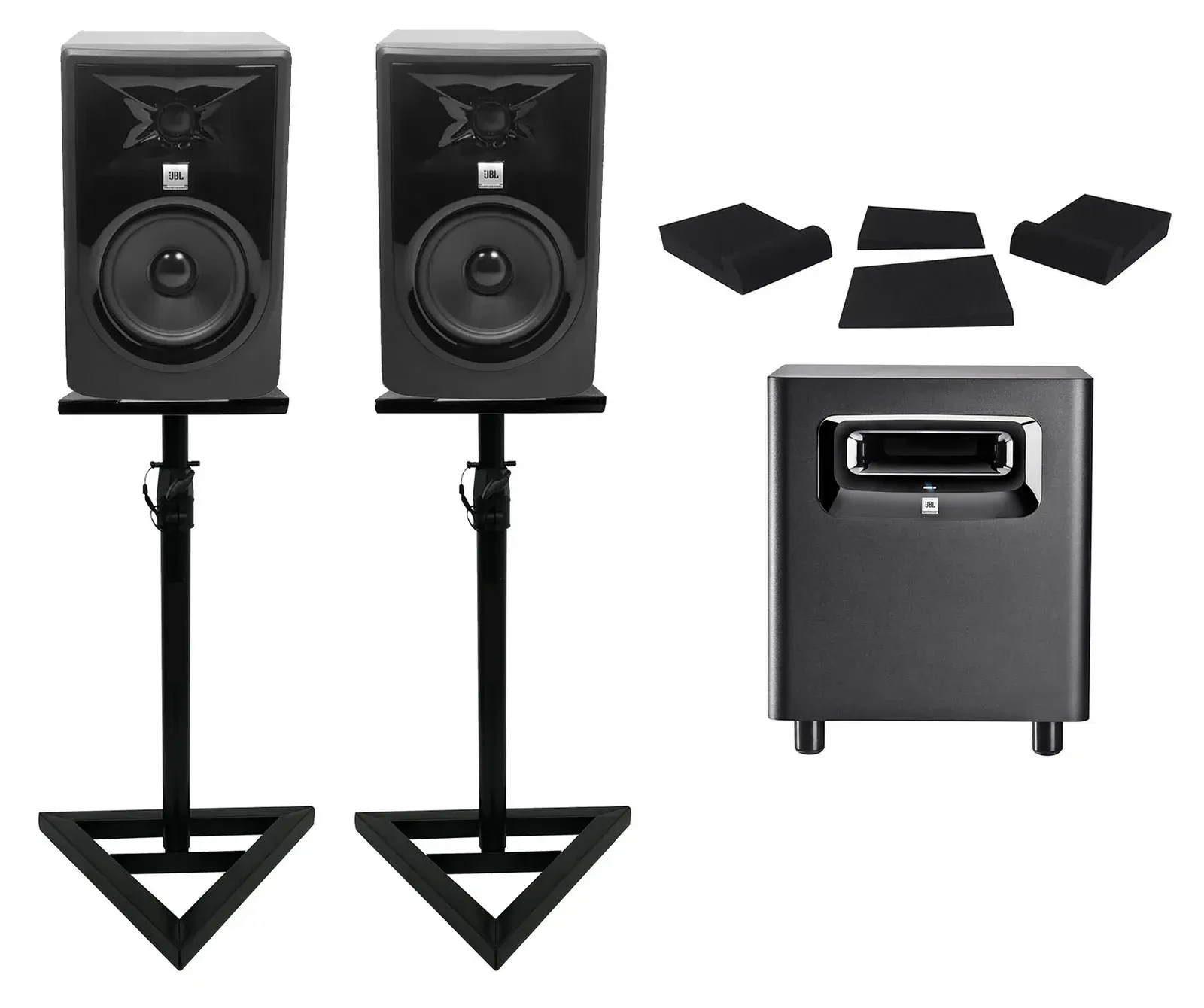 (2) JBL 306P MkII 6" Powered Studio Monitors+Stands+Pads+Powered Subwoofer Sub