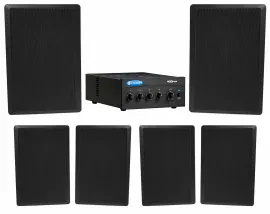 Crown Commercial Amplifier+(6) Slim Black Wall Speakers for Restaurant/Bar/Cafe