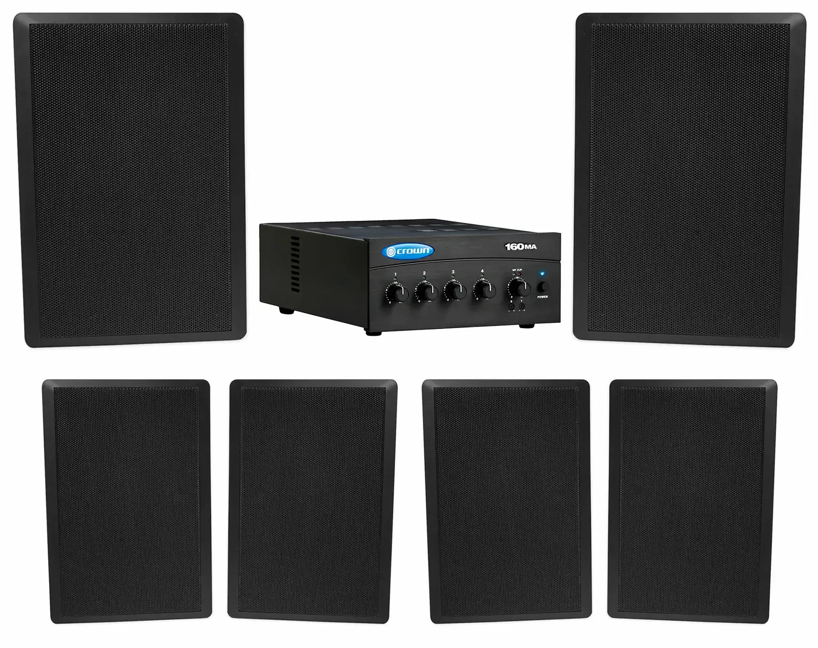 Crown Commercial Amplifier+(6) Slim Black Wall Speakers for Restaurant/Bar/Cafe