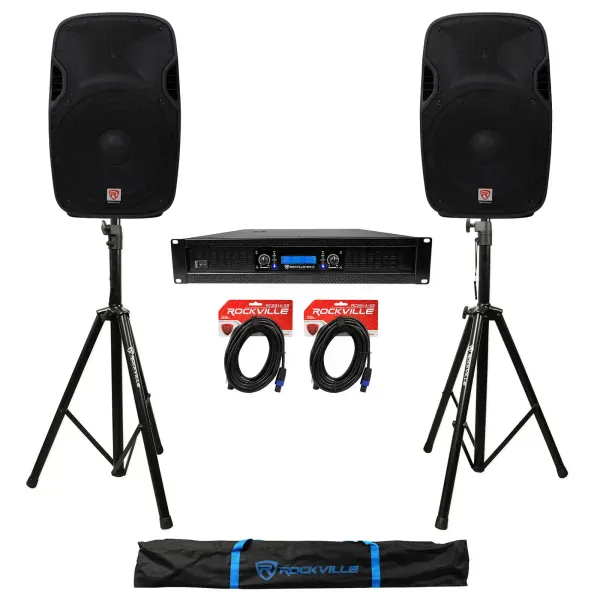 (2) Rockville SPGN158 15" 1600W DJ PA Speakers+Power Amplifier+Stands+Cables