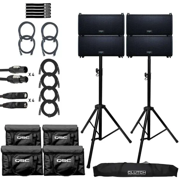 QSC LA108 8" Active Powered Line Array DJ PA Speakers 4 Pack w Stands & Cases