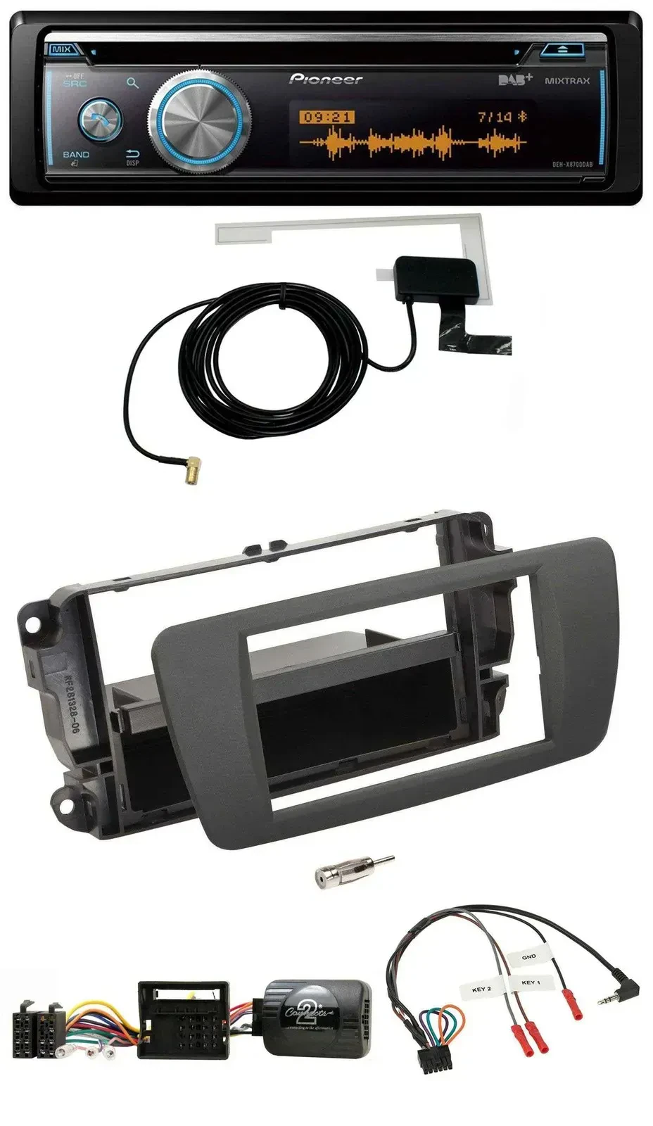 Автомагнитола Pioneer Bluetooth DAB USB CD для Seat Ibiza, серый, совместима с кнопками на руле