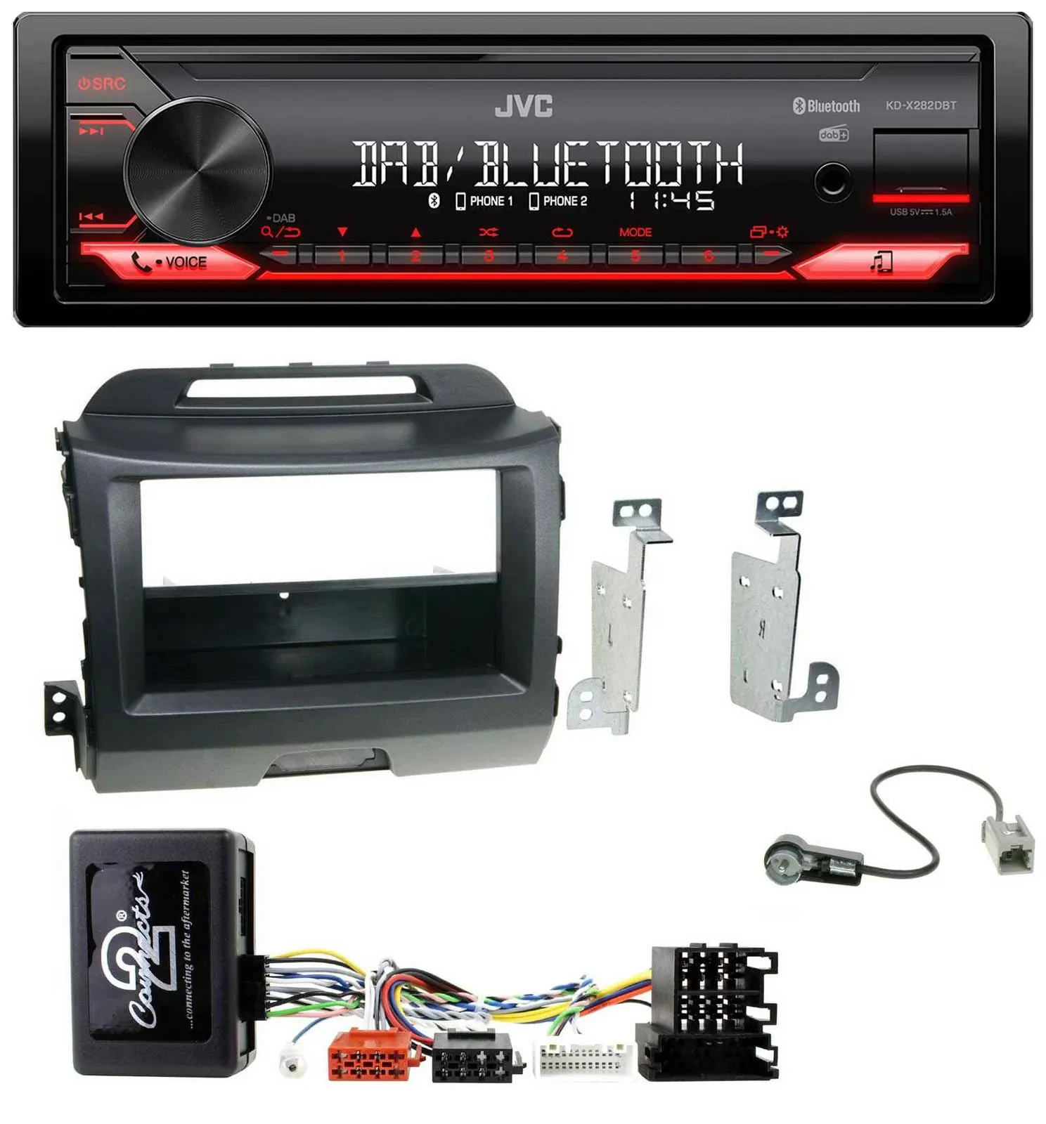 Автомагнитола JVC Bluetooth USB DAB для Kia Sportage 3 (2010–2015) с навигацией, совместимая с кнопками на руле, черная