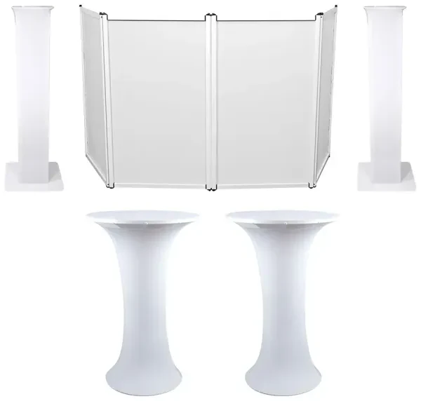 (2) Club Scene Highboy Tables w/White Scrim+Carry Bag+DJ Facade+(2) Totem Stands