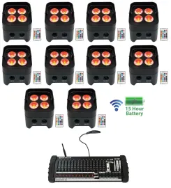 (10) Rockville BEST PAR 50 Battery Wash Lights Wireless DMX+384 Ch. Controller