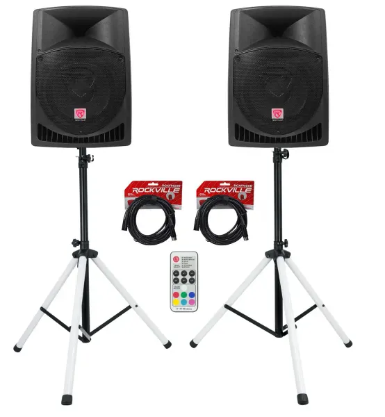 (2) Rockville RPG12 12" Powered Active 800 Watt DJ PA Speakers+LED Stands+Cables