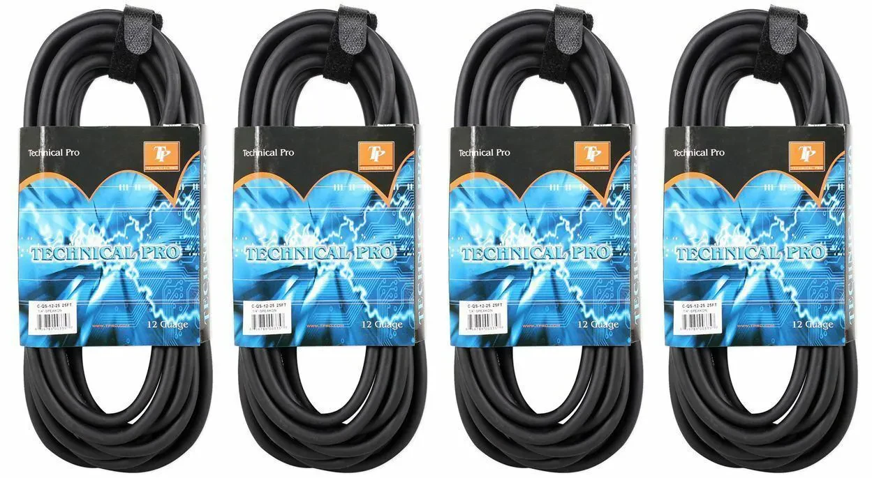 (4) Technical Pro CQS-1225 25' Ft 12 Gauge 1/4'' to Speakon Pro Speaker Cables