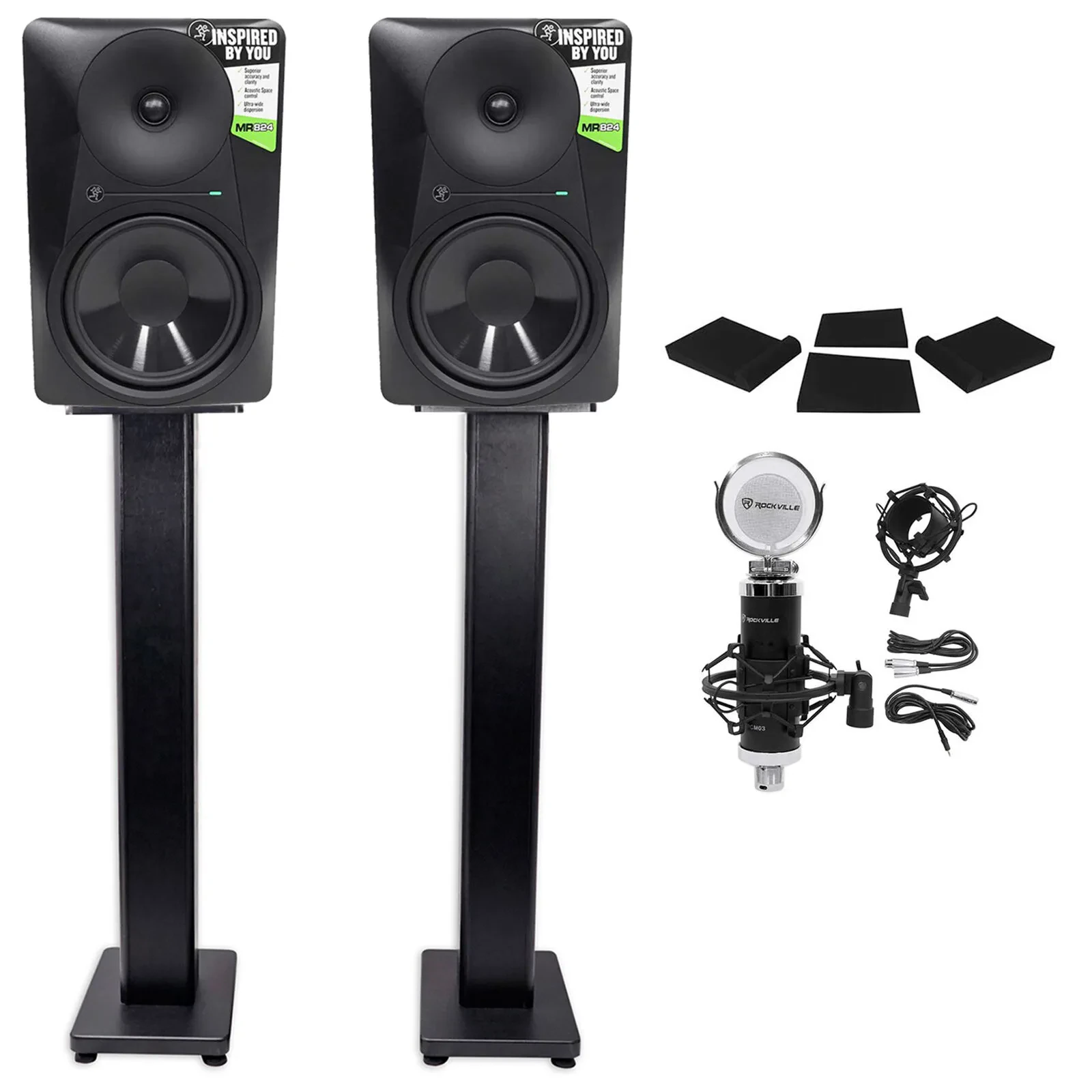 (2) Mackie MR824 8” 85 Watt Powered Studio Monitors+Condenser Mic+Stands+Pads