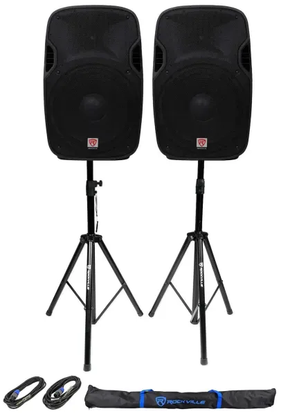 2 Rockville SPGN154 15" Passive 1600W ABS Plastic PA Speakers+Stands+Cables+Bags