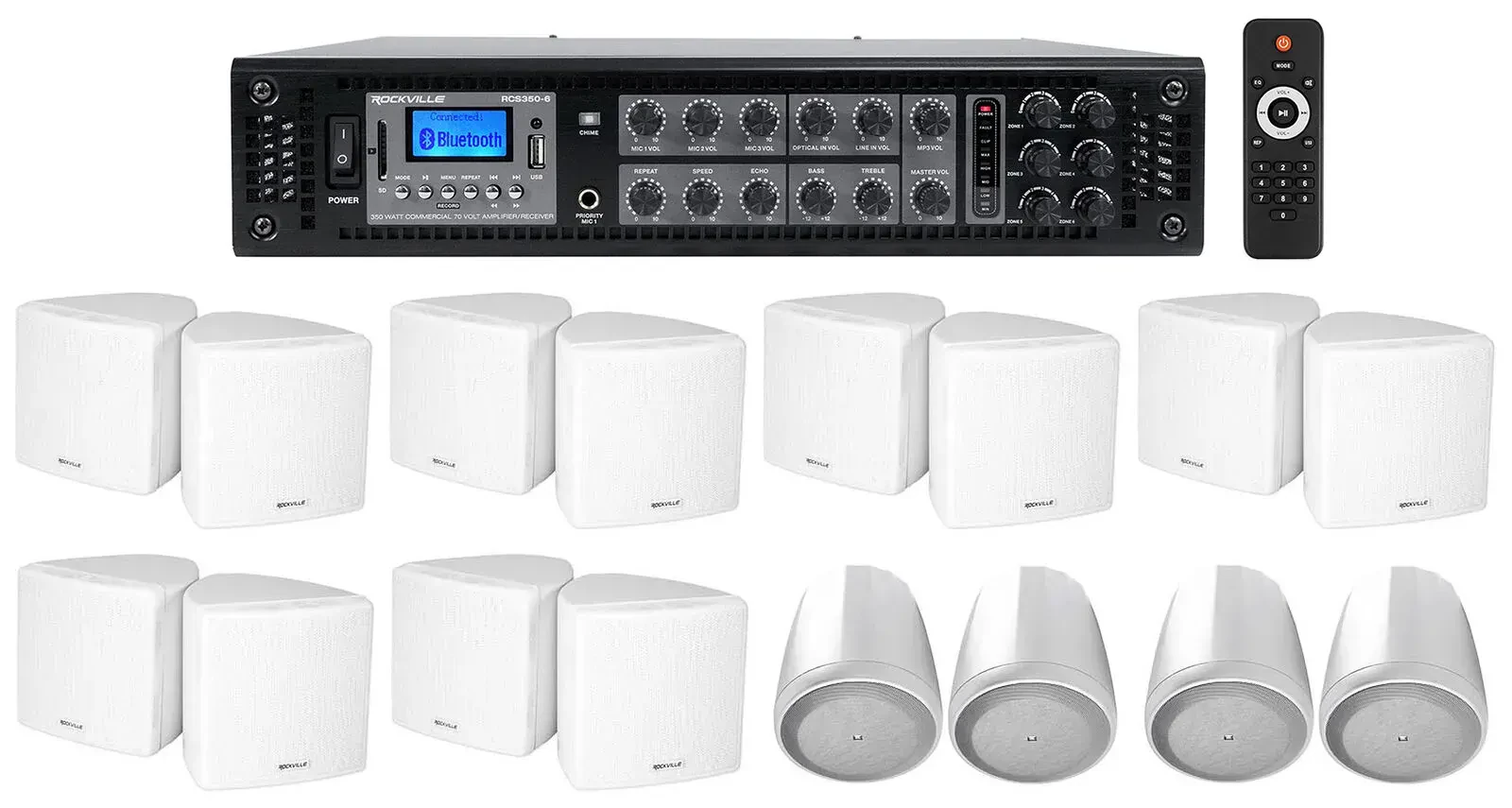 Трансляционный усилитель Rockville RCS350-6+6 Cube 70v W+2 Control 65 P/T с комплектом акустики