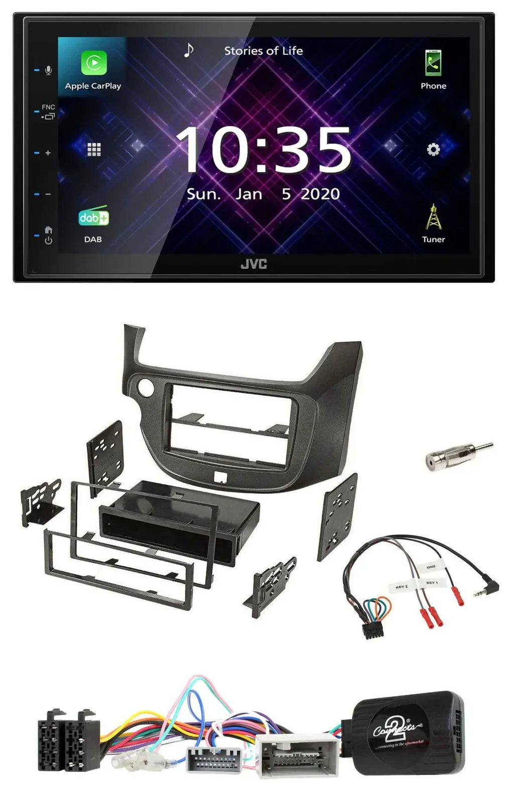 Автомагнитола JVC 2 DIN DAB Bluetooth USB для Honda Jazz (с 2014), темно-серый, поддержка управления на руле