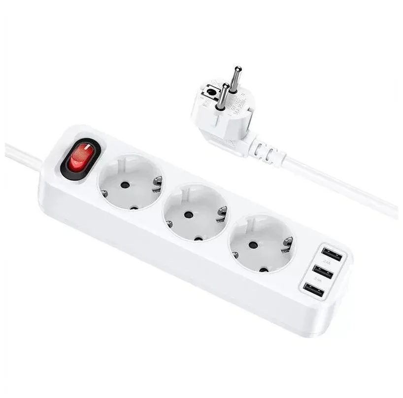 Сетевой фильтр 3 гнезда Hoco NS2 + 3USB 1.8м 4000W (White)