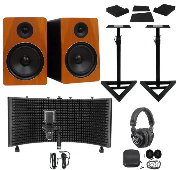 2) Rockville APM8C 8" Active Studio Monitors+Stands+Mic+Headphones+Iso Shield