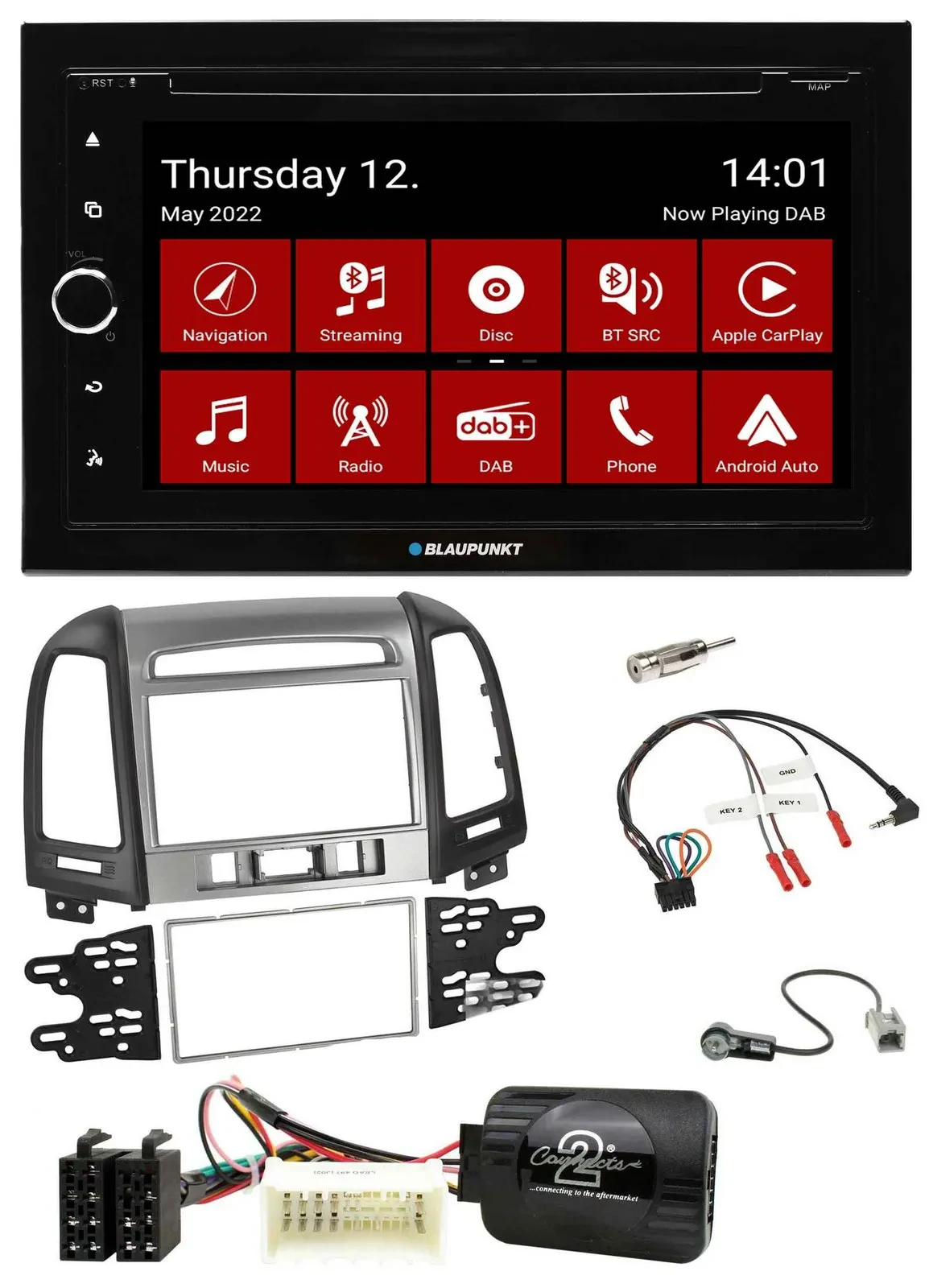 Blaupunkt 2DIN Lenkrad Bluetooth USB TMC DAB Navigation für Hyundai Santa Fe 3 S