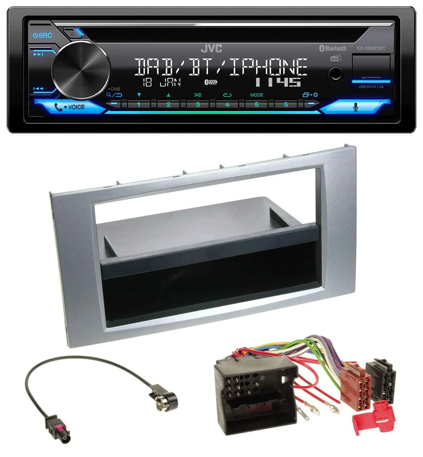 JVC Bluetooth MP3 USB DAB CD Autoradio für Ford Fiesta Focus 2004-2008 silber