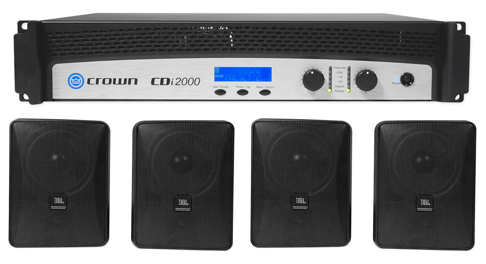 Crown CDi2000 800w 70V Commercial Amplifier+4) Black 30w JBL Wall-Mount Speakers