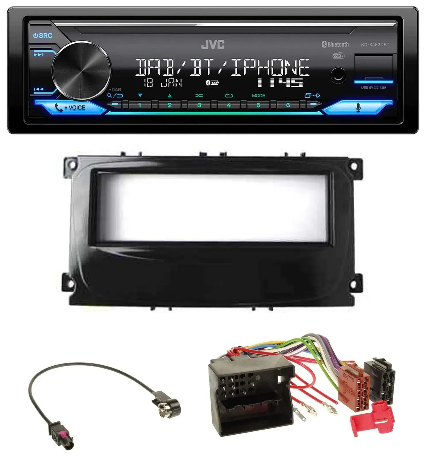 Автомагнитола для Ford Mondeo/S-Max JVC Bluetooth, DAB, USB, MP3, глянцевый черный (2007–2014)