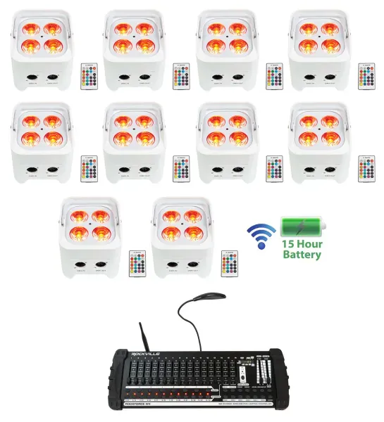 10 Rockville BEST PAR 50 Battery Wash Lights Wireless DMX+384 Channel Controller