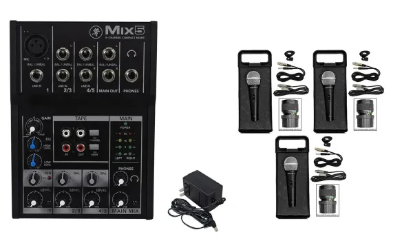 Mackie Mix5 Compact 5-Channel PA Mixer+(3) Microphones+(3) XLR Cables
