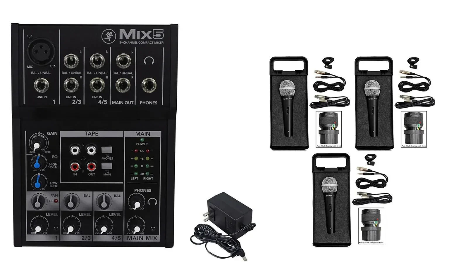 Аналоговый микшер для PA Mackie Mix5 5-канальный (набор, 3 микрофона, 3 XLR кабеля)