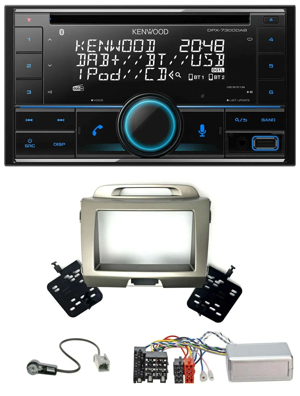 Автомагнитола для Kia Sportage 3 (2010–2015) Kenwood 2 DIN, CD, DAB, USB, Bluetooth, поддержка управления с руля