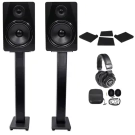 Pair Rockville APM8B 8" 500W Powered Studio Monitors+Stands+Pads+Headphones