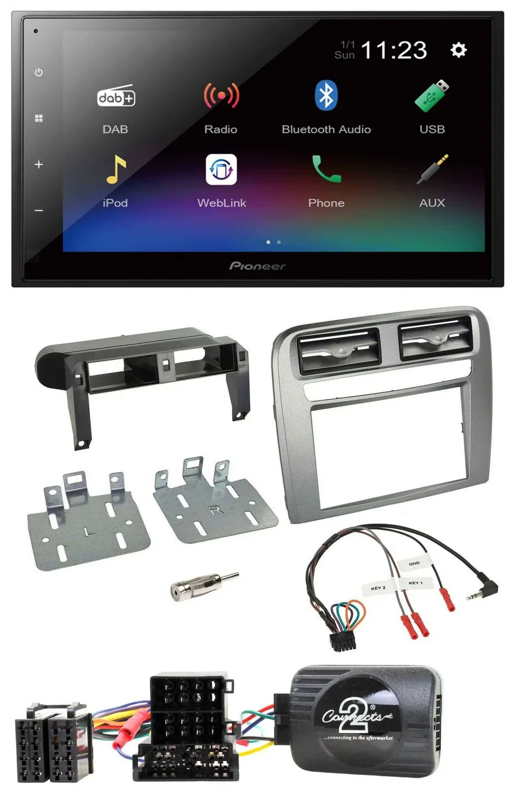 Автомагнитола для Fiat Grande Punto 2005–2006 Pioneer 2DIN, USB, Bluetooth, DAB, антрацит