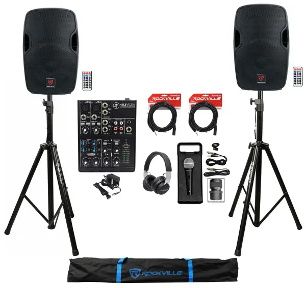 DJ Package w/(2) 12" Speakers+Stands+Mic+Mackie Mixer+Audio Technica Headphones