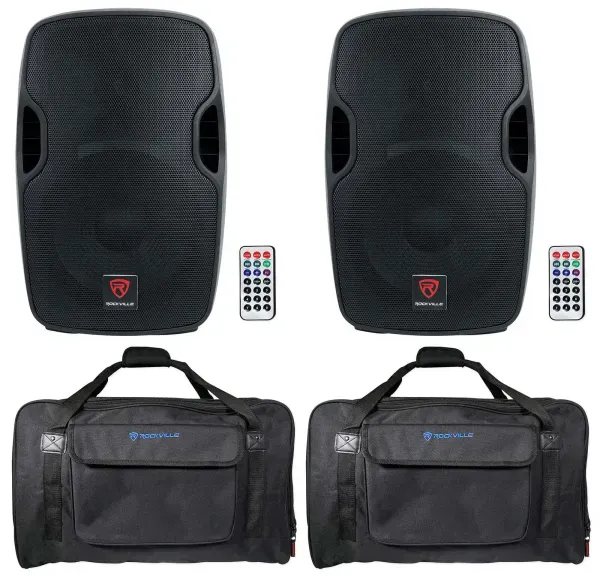 (2) Rockville BPA12 12" Bluetooth 1200w DJ PA Speakers+Weatherproof Carry Bags