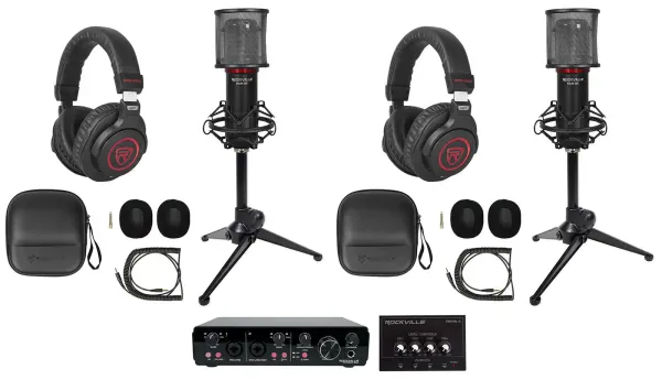 Rockville R-TRACK 2x2 2-Person Podcast Kit w/RCM SR Microphone+Stand+Headphones