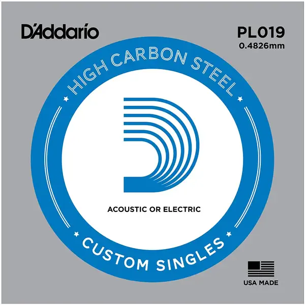 Струна для акустической и электрогитары D'Addario PL019 High Carbon Steel Custom Singles, сталь, калибр 19