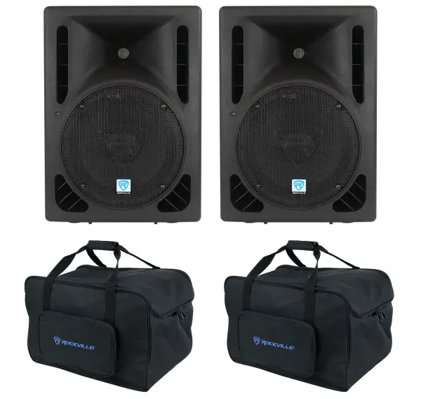 2) Rockville RPG10BT 10" Bluetooth 1200w DJ PA Speakers+Carry Bags