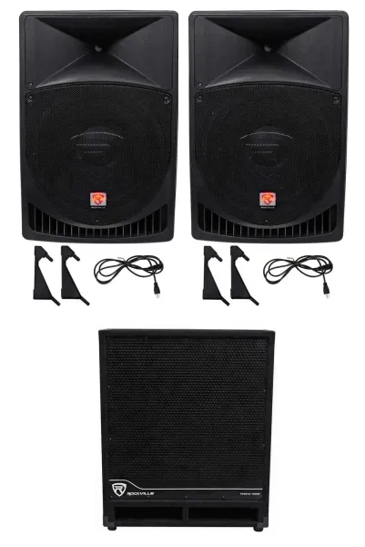 (2) Rockville RPG15 15" Powered 1000 Watt DJ PA Speaker+18" Active Subwoofer