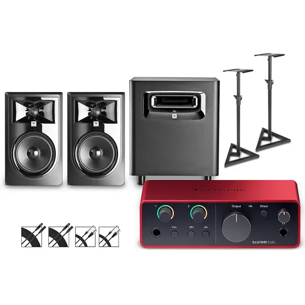 Focusrite Scarlett Solo Gen 4 - JBL 3 Monitors/LSR Sub/Stands/Cables 306MKII
