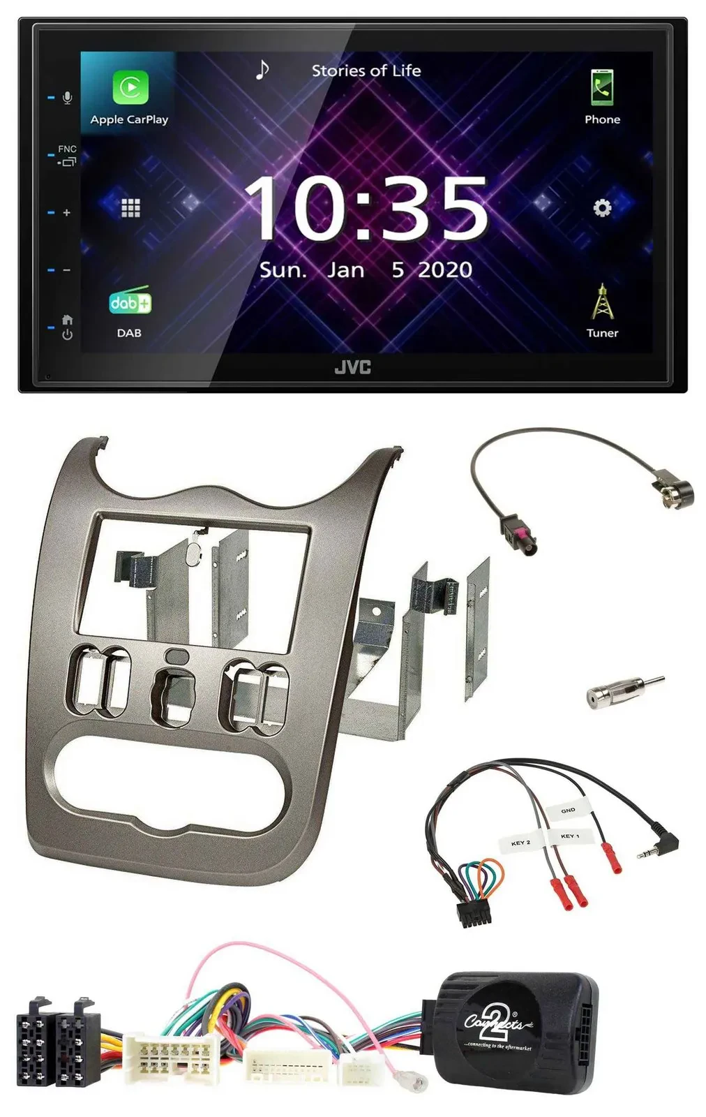 Автомагнитола для Dacia JVC 2 DIN, DAB, Bluetooth, USB, темно-серый (с 2012)