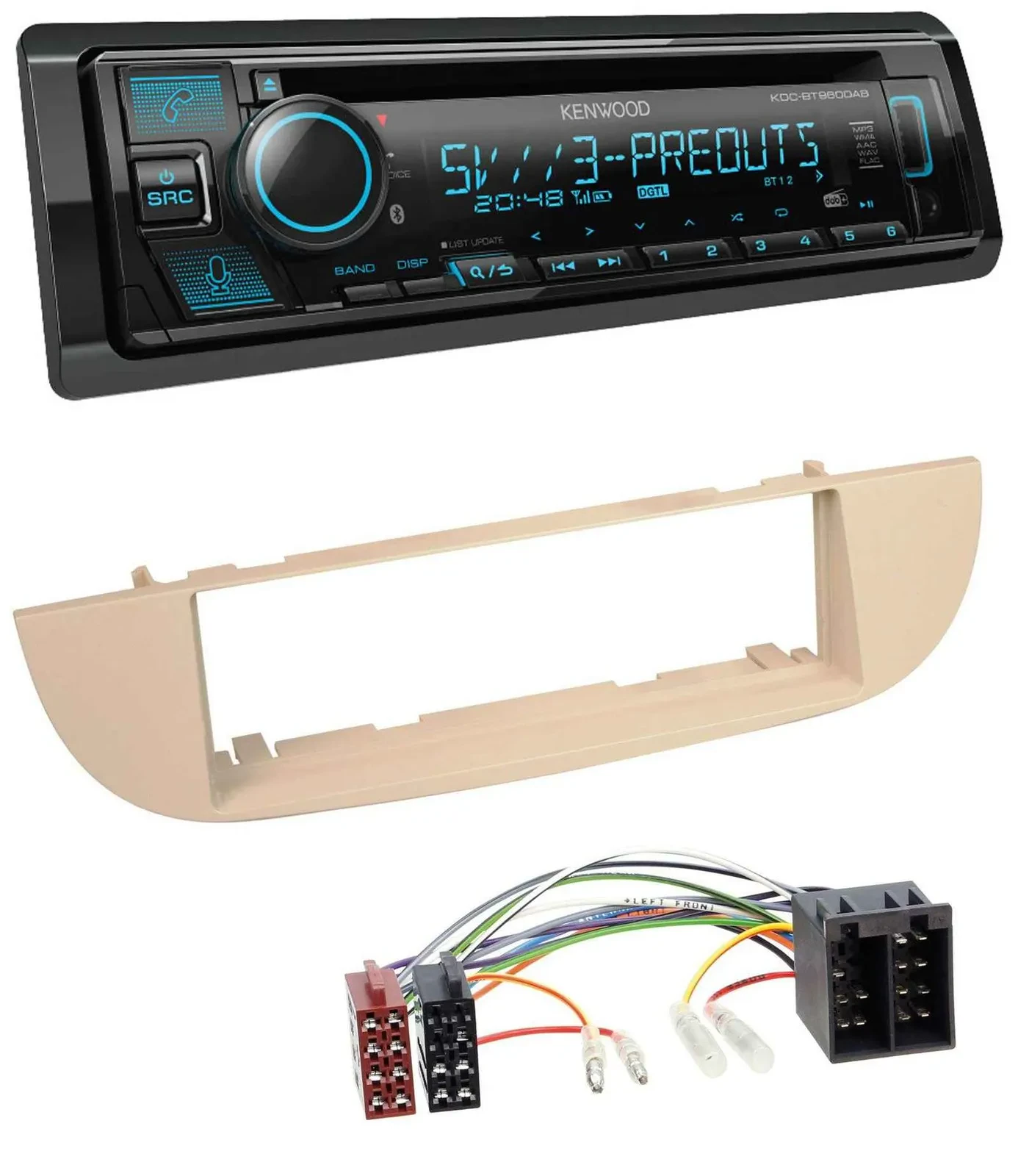 Kenwood Bluetooth USB CD MP3 DAB Autoradio für Fiat 500 ab 2007 perlgrau beige