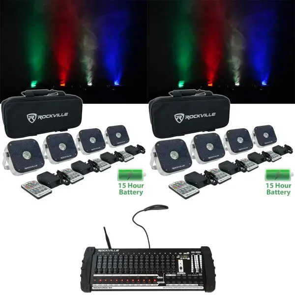 Rockville 8 PACK MINI RF1 V2 DJ Up Lights+Bag+RF Remote+Wireless DMX Controller