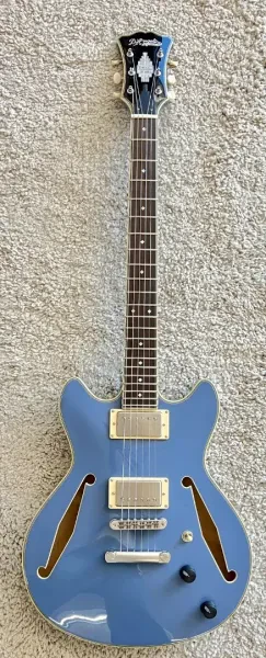 D'Angelico Excel Mini DC Semi-Hollow Body Elec Guitar, Slate Blue, DAEMDCTSLBSNS