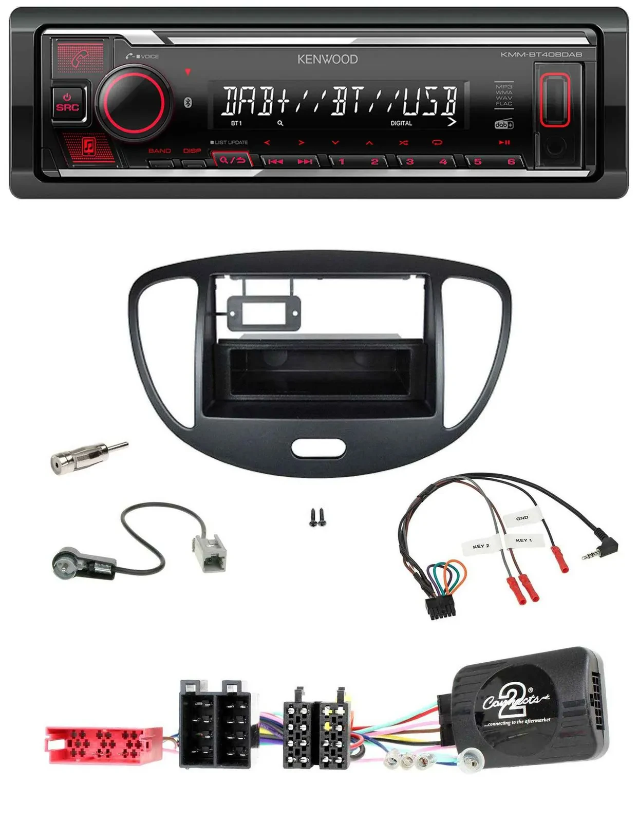 Автомагнитола Kenwood Bluetooth USB DAB для Hyundai i10 (2009–2013), черная, поддержка управления на руле