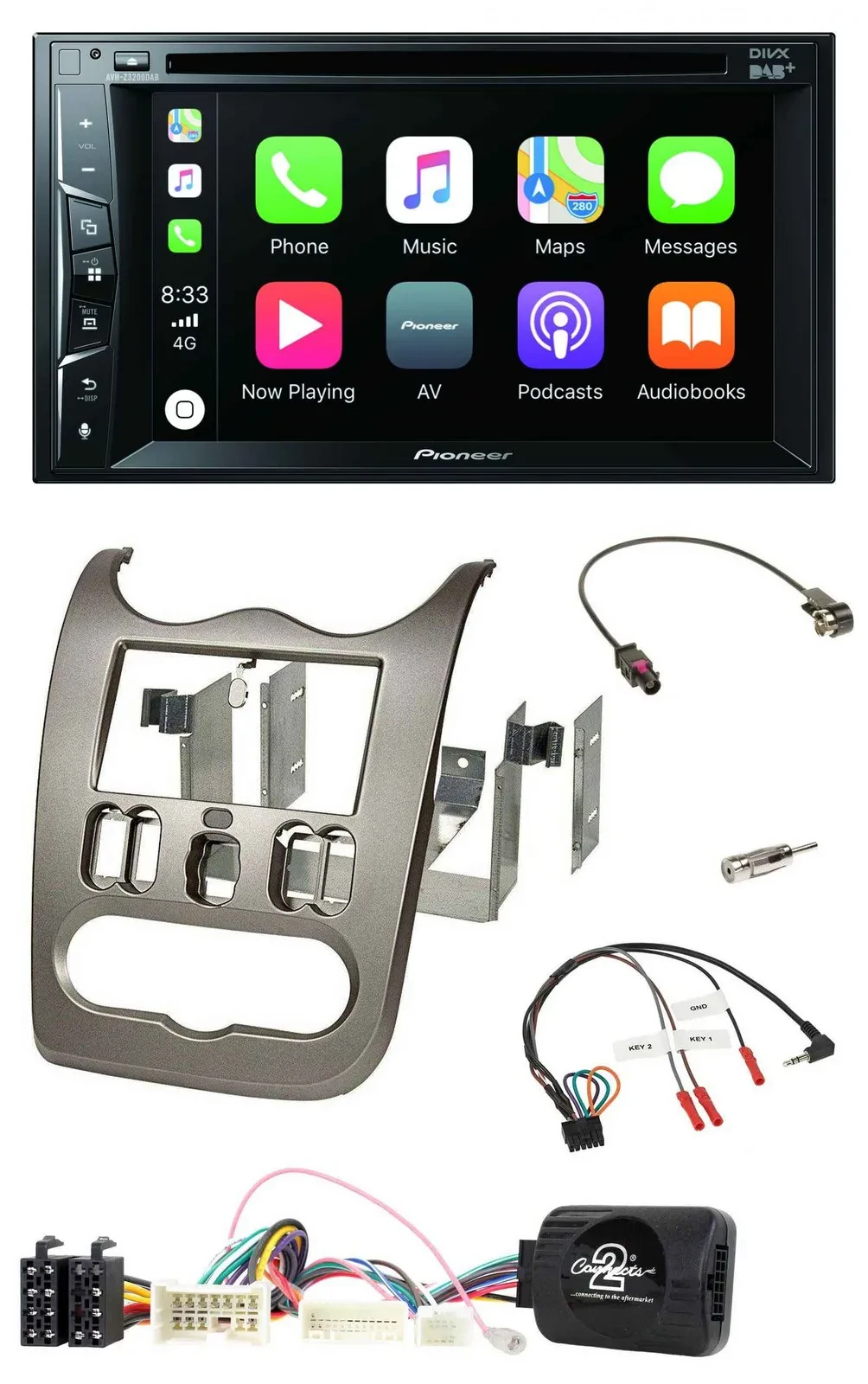 Автомагнитола Pioneer 2DIN, USB, DVD, Bluetooth, DAB, для Dacia (с 2012), темно-серебристая