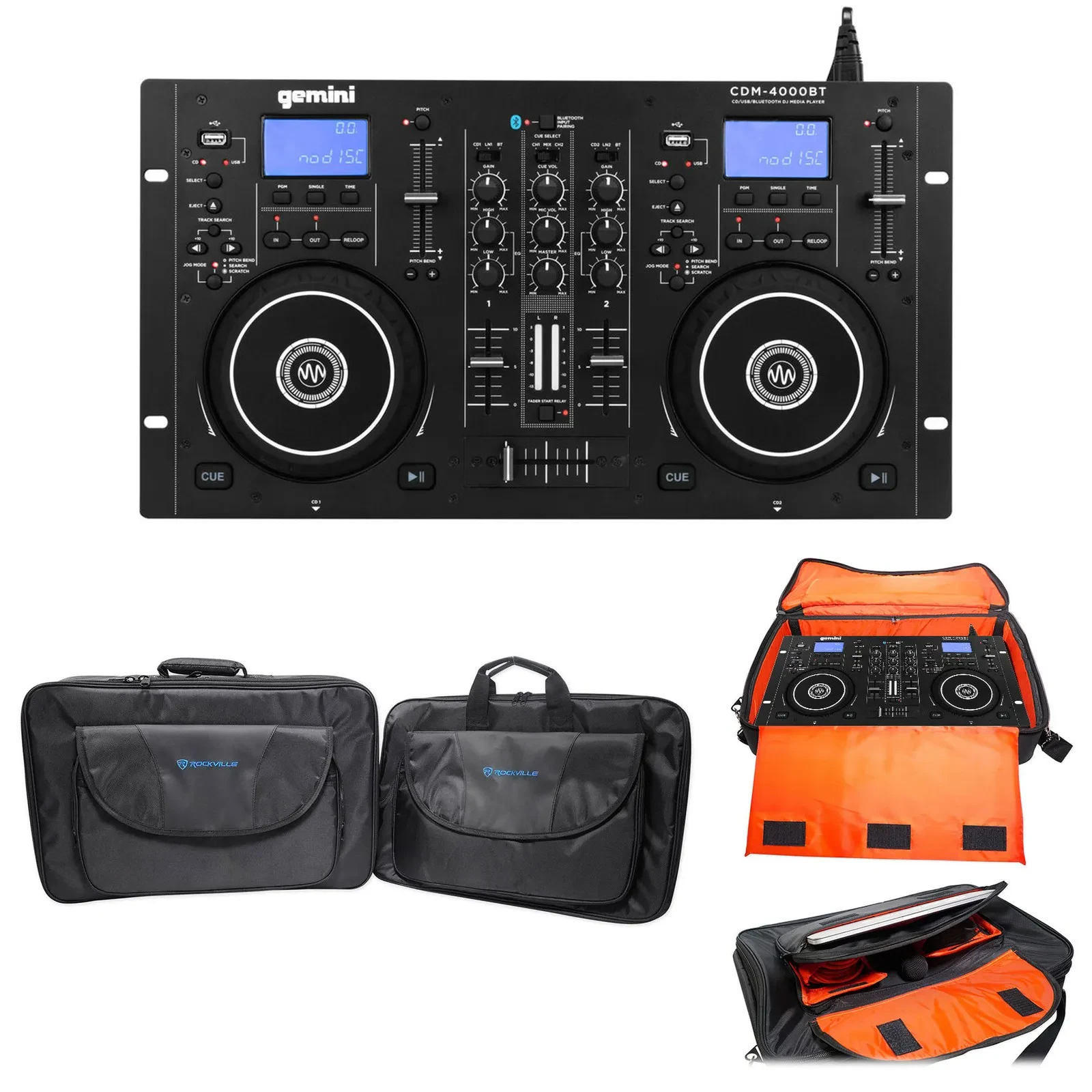 DJ-микшер Gemini CDM-4000BT с Bluetooth, двухдековый CD/USB медиаплеер, 2-канальный, с кейсом и сумкой
