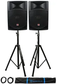 Pair Rockville RPG15 15" 2000w Powered PA/DJ Speakers + 2 Stands + 2 Cables+Bag