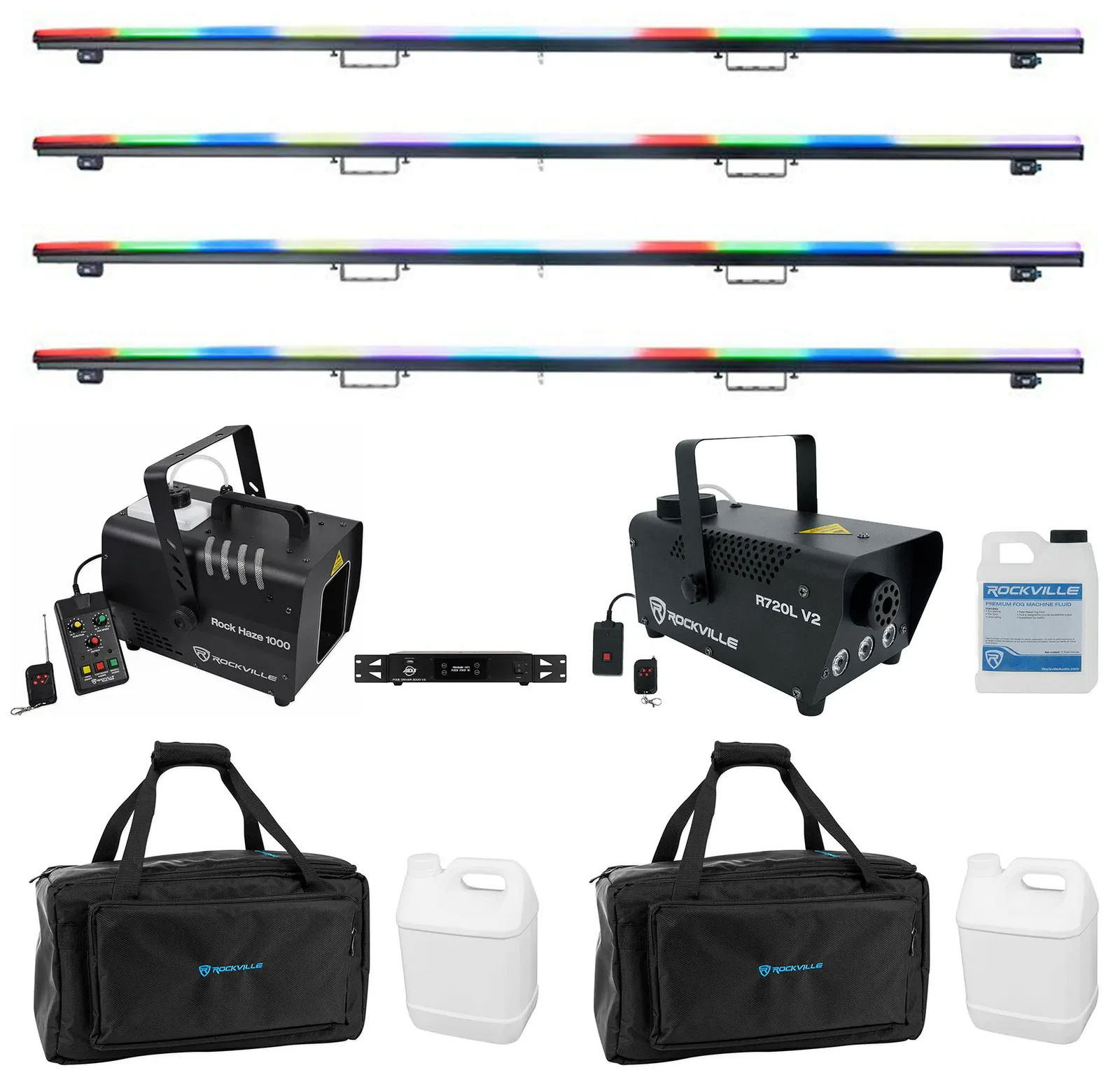 (4) American DJ Pixie Strip-120 Pixel Strip Lights+Pixie Driver V2+Hazer+Fogger