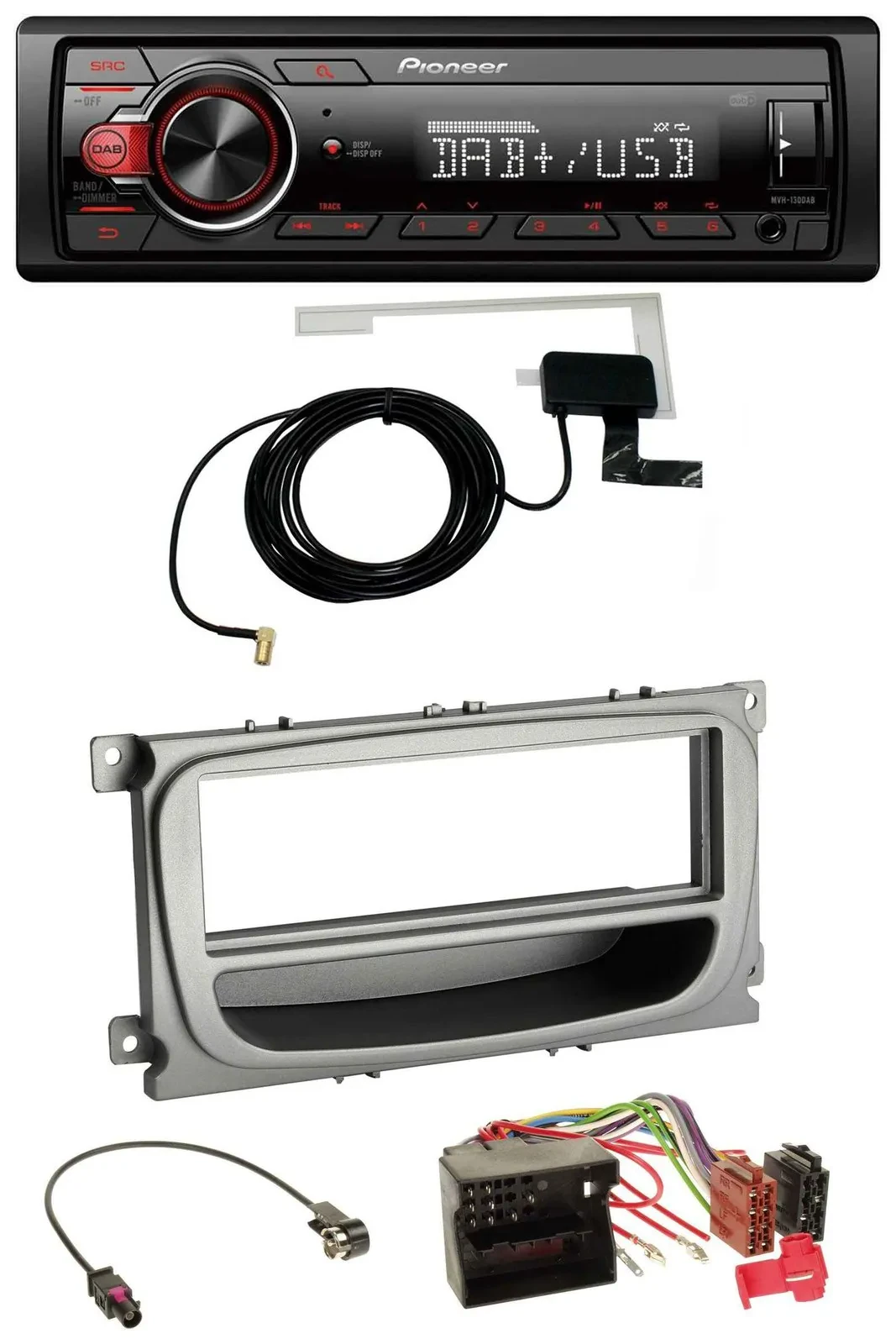 Автомагнитола Pioneer 1-DIN MP3 DAB USB AUX для Ford Focus/Galaxy/C-Max (с 2007), серебристая