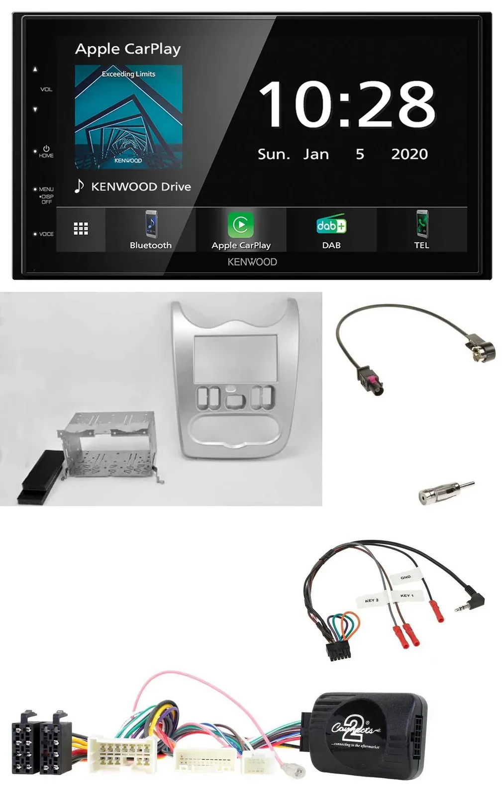 Автомагнитола Kenwood 2-DIN, Bluetooth, DAB, USB, для Dacia (с 2012), светло-серебристая